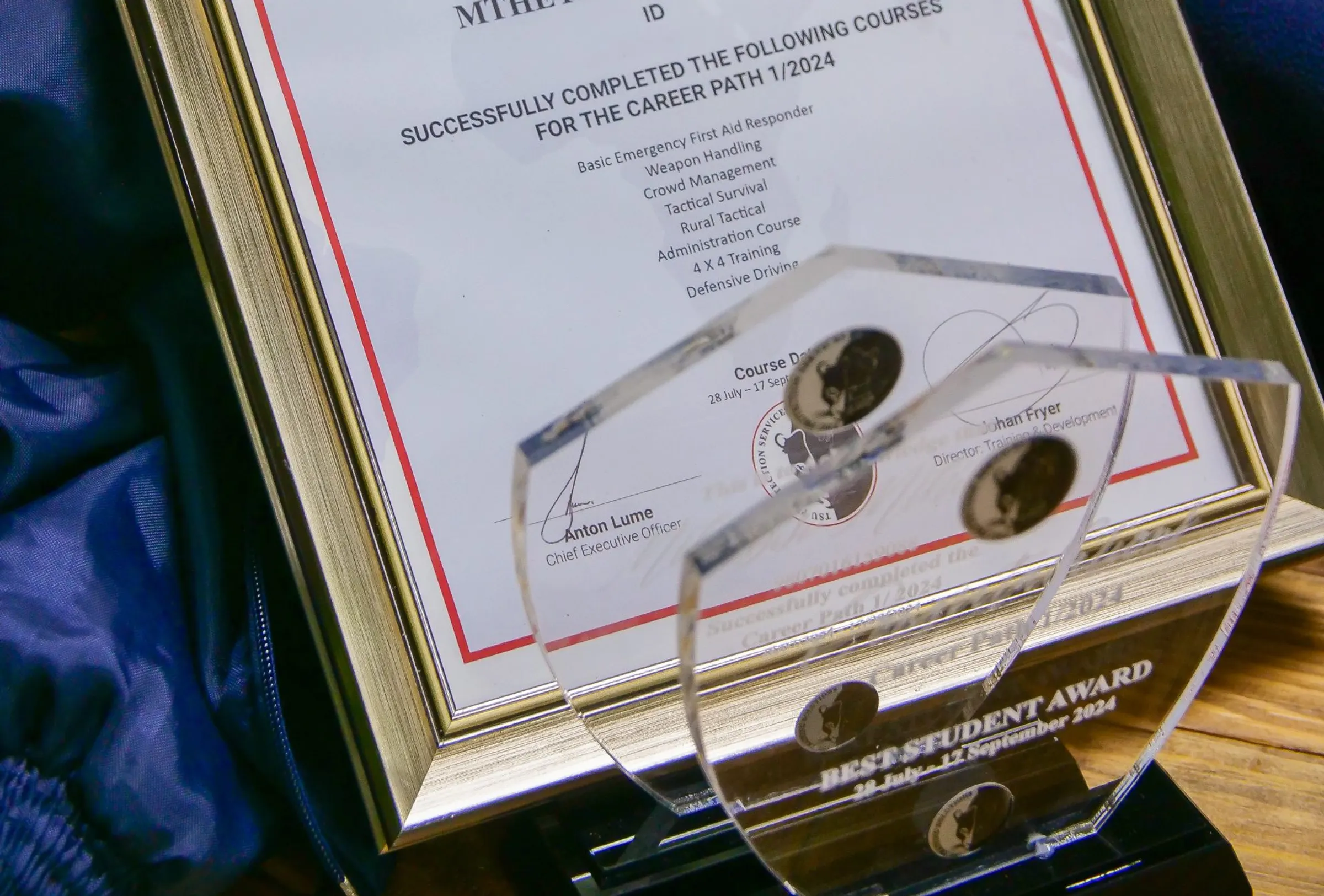 Framed Career Path certificate and Best Student Award at the ceremony